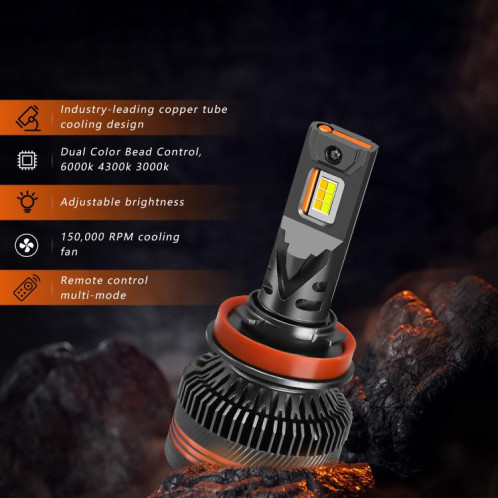 Ampoule LED pour phare de voiture H11, 60 W, 8 000 lm, 6 000 K, trois couleurs, avec télécommande, lot de 2 SH04061623-09